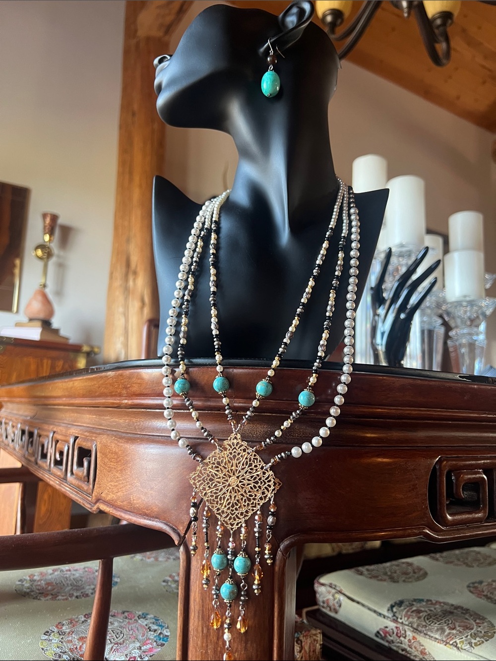 Turquoise & Gold Multi-Strand Statement Necklace w/ Earrings